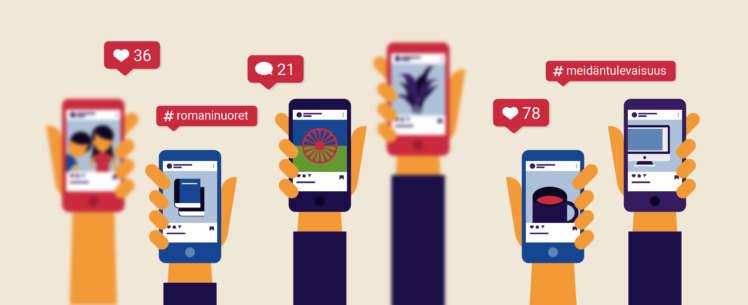 kuusi kättä, joissa matkapuhelimet, päällä puhekuplia, joissa seuraava sisältö: sydän ja 36, #romaninuoret, puhekupla ja 21, sydän ja 78, #meidäntulevaisuus.