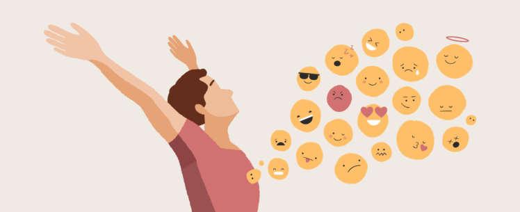kuvitus, jossa henkilö kädet ylhäällä, rinnasta lähetee erilaisia emoji-hahmoja.