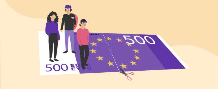 kuvitus, jossa ihmisiä seisomassa kahtia jaetun 500 euron setelin toisella puolella