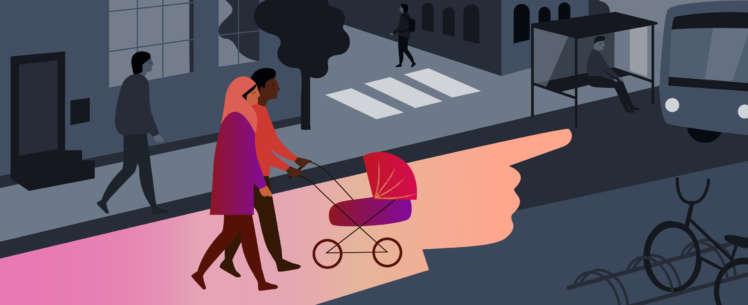 kuvitus, jossa harmaassa kaupunkiympäristössä punasävyinen eteenpäin osoittava käsi, jonka päällä vaunuja työntävä pariskunta kävelee.