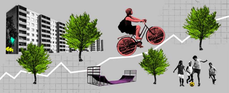 kuvitus, jossa harmaalla taustalla käyrää pitkin pyöräilevä ihmishahmo, kerrostalo, palloilevia lapsia, skeittipaikka ja puita