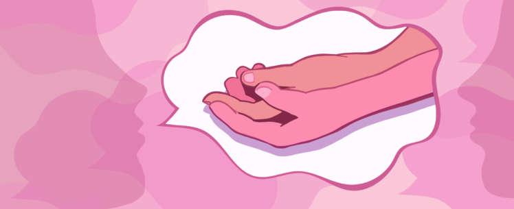 vaaleanpunasävyinen kuvitus, jossa kaksi kättä valkoisessa puhekuplassa