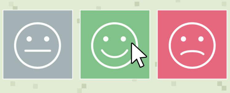 kuvitus, jossa kolme tyytyväisyyden astetta kuvaavaa kasvosymbolia: neutraali, hymynaama ja tyytymätön, nuoli hymynaaman kohdalla