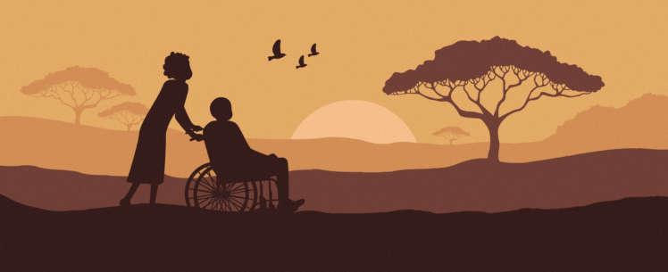 kelta-ruskeasävyinen kuvitus, jossa ihminen työntää toista pyörätuolissa kohti auringonlaskua
