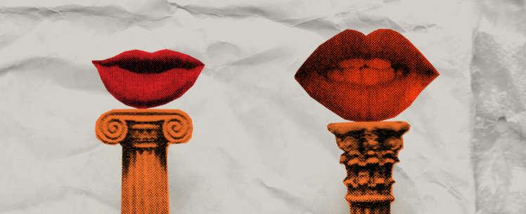 Kuvitus, jossa kahden oranssin antiikkisen pylvään päällä punaiset huulet, taustalla vaaleaa, ryppyistä materiaalia