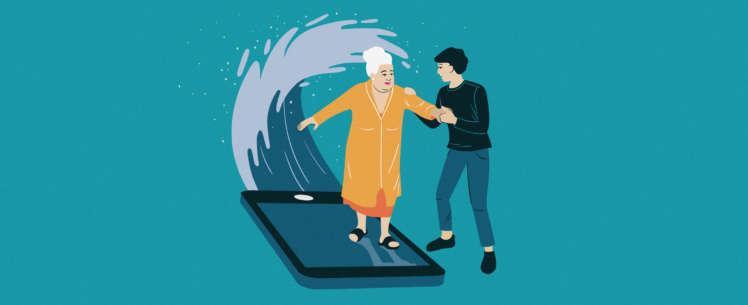 Vanha naishahmo seisoo ison tablettikoneen päällä, joka muistuttaa surffilautaa. Takana nousee aalto. Toinen ihmishahmo tukee naishahmoa käsivarresta.