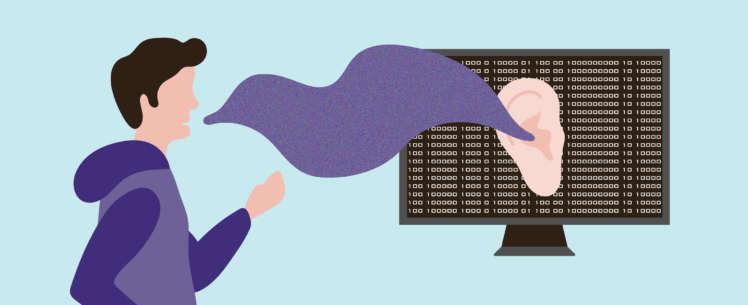 Kuvitus, jossa henkilön violettina näkyvä puhe menee tietokoneen näytöllä olevaan korvaan.
