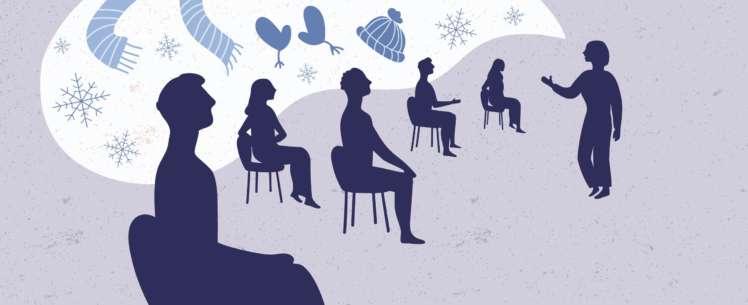 Kuvituskuva, jossa ihmisiä istuu tuoleilla, ajatuskuplassa talveen liittyviä asioita.