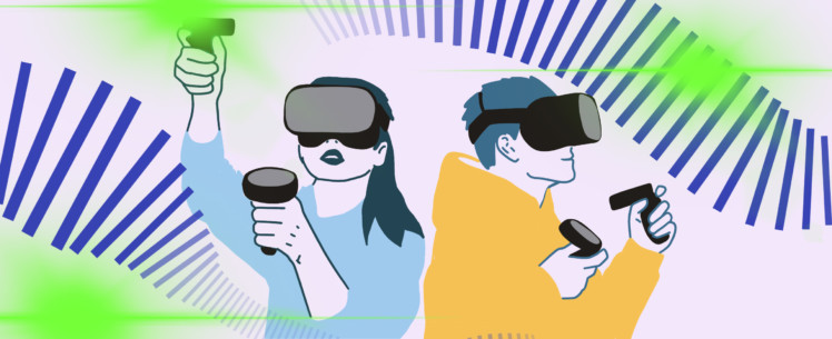 Kaksi henkilöä virtuaalilasit päässä, värikäs piirroskuva.
