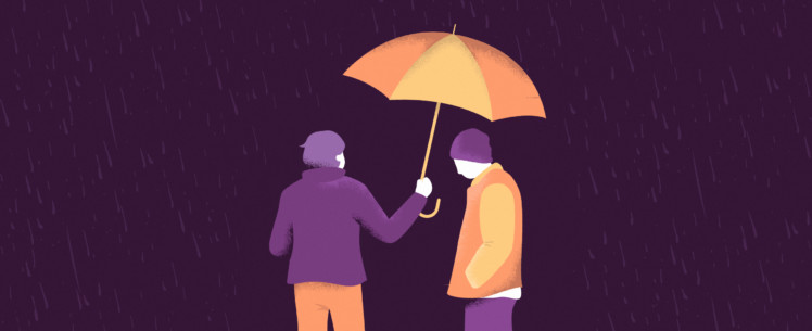 Kaksi henkilöä sateenvarjon alla, piirroskuva.